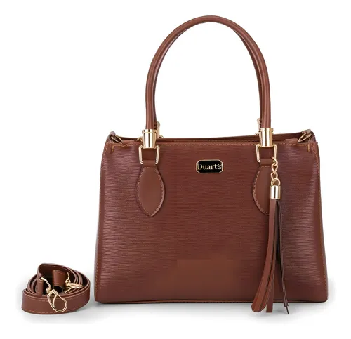 Bolsa Feminina Tote Duart’s Lorena Caramelo – Couro Sintético, Alça Transversal e Tiracolo, Design Compacto com 3 Bolsos Internos