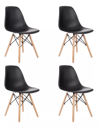 Kit 4 Cadeiras Charles Eames Eiffel Preta | Pés de Madeira e Design Ergonômico
