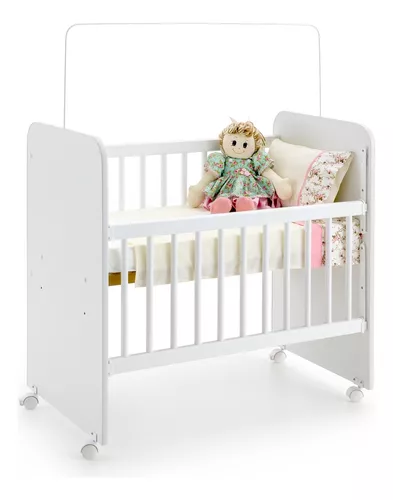 Mini Berço Bed Side L Móveis Doce Encanto | Colchão, Grade Móvel e Rodízios - Branco 88x45cm