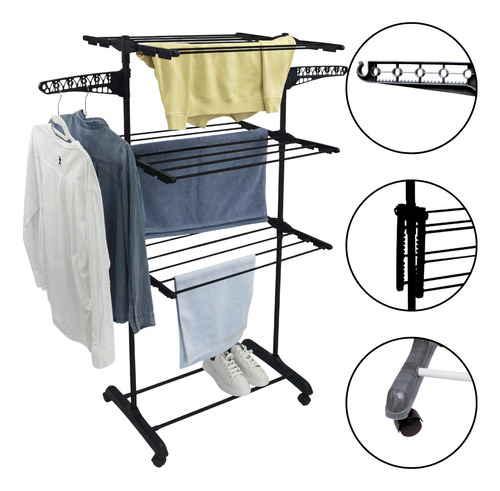 Varal de Chão 3 Andares Dobrável Kontuz 170cm | Com Rodinhas e Até 10kg - Azul