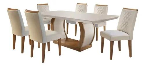 Conjunto de jantar com 6 cadeiras Kate Espresso Móveis. Mesa em MDF e cadeiras estofadas em veludo creme