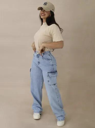 Calça Jeans Feminina Cargo Cintura Alta – Wide Leg, Rasgada e Destroyed