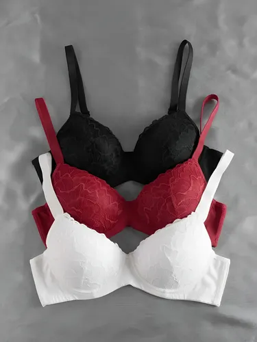Kit 3 Sutiãs Femininos com Bojo Bolha Rendado em Microfibra – Alça Reforçada, Cores Sortidas