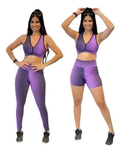 Conjunto Fitness Feminino 3 Peças PRIMON'S – Calça Legging, Shorts e Top Nadador Sem Bojo